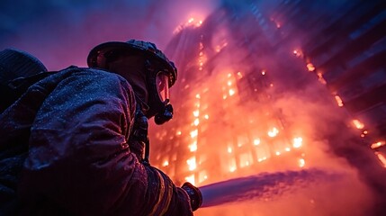 Firefighter spraying water on burning building engulfed in flames and smoke during night operation, demonstrating bravery and skill in emergency response