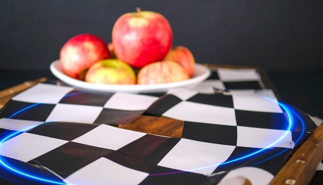 Apples on checkered surface with blue light effect for creative design - Powered by Adobe