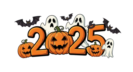 Cute Halloween 2025 illustration with spooky ghosts, flying bats, and festive jack-o'-lantern pumpkins forming the year number, perfect for holiday celebrations and party designs.. isolated on transpa