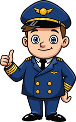 Cartoon airline pilot vector, thumbs up character, blue uniform, aviation mascot, friendly captain, travel theme, flight crew illustration, smiling aviator