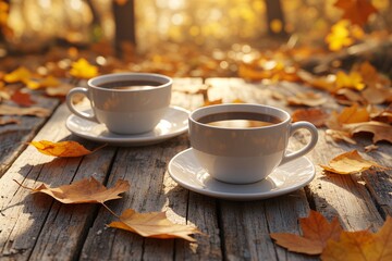 Fototapeta premium Two Hot Cups on a Rustic Wooden Table with Autumn Leaves