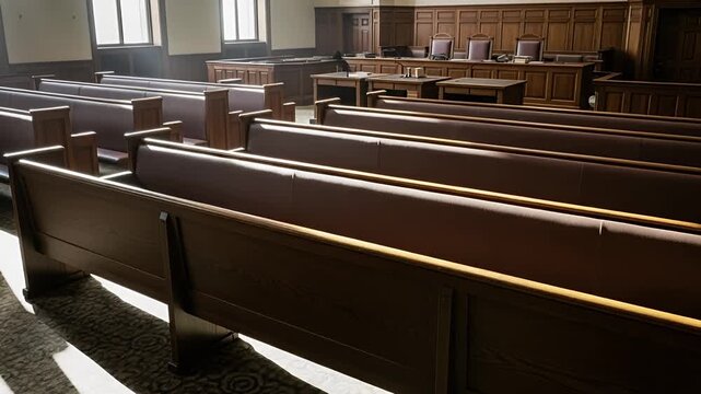 Justice Hall interior: A meticulously crafted depiction of an interior setting showcasing rows of empty benches, an atmosphere of anticipation and deliberation.