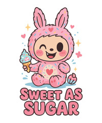 Fototapeta premium Sweet as Sugar: A whimsical illustration of an adorable character dressed in a bunny costume, holding an ice cream cone, embodying sweetness.