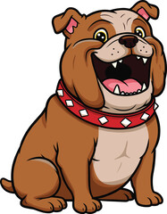 Cartoon bulldog character, joyful dog pose, red collar design, smiling expression, kids illustration, vector art, playful pet, cute animal drawing