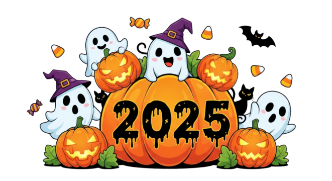 Cute Halloween 2025 Celebration Illustration with Ghosts, Jack-o'-Lanterns, Black Cats, Bats, and Candy - Festive Autumn Holiday Design. isolated on transparent background. PNG Clipart Transparent