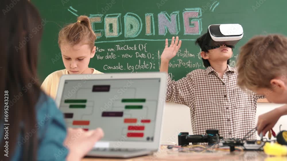Poster energetic child wearing vr headset while enter virtual world at classroom. student programing system