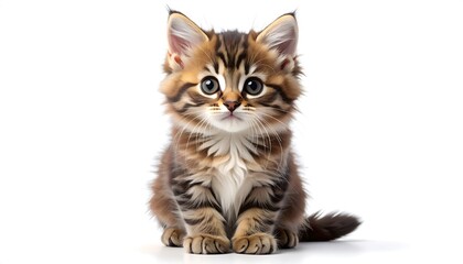 Fototapeta premium Adorable Brown Tabby Kitten Sitting on White Background with Soft Focus