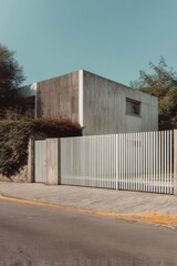 Fototapeta premium Modern architectural design of a concrete house with vertical wooden slats located on a quiet street surrounded by greenery in daylight
