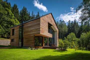 Modern wooden house in a tranquil forest setting with expansive windows, surrounded by lush greenery during the bright, sunny afternoon
