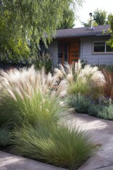Obraz premium Lush garden with ornamental grasses creates a serene entryway to a modern home in the afternoon light, highlighting nature's beauty and landscape design