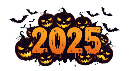 Spooky Halloween 2025 Graphic with Glowing Jack-o'-Lanterns, Dripping Numbers, and Flying Bats on an Isolated Background.. isolated on transparent background. Background PNG Transparent