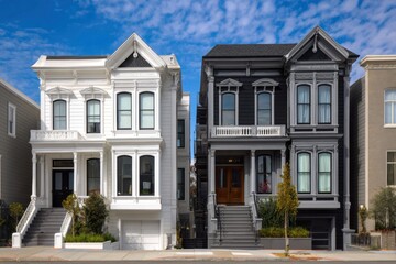 Fototapeta premium Unique architectural contrast between a white Victorian house and a black Victorian house in an urban neighborhood under a clear blue sky