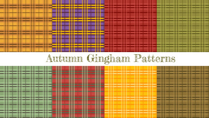 Rich autumn gingham patterns in bold plaid: orange, purple, red, green, and mustard. Ideal for textiles, home decor, and seasonal craft projects