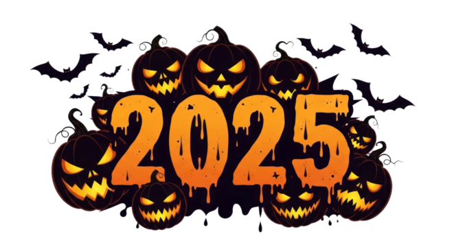 Spooky Halloween 2025 Graphic with Glowing Jack-o'-Lanterns, Dripping Numbers, and Flying Bats on an Isolated Background.. isolated on transparent background. Background PNG Transparent