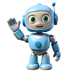 Friendly blue cartoon robot character with big eyes waving hello isolated on transparent background