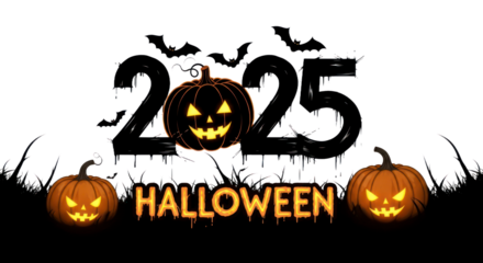 Festive Halloween 2025 Design with Glowing Jack-o'-Lanterns, Spooky Dripping Text, and Flying Bats. isolated on transparent background. PNG Without Background