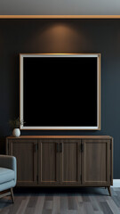 Blank mockup frame on cabinet in living room interior on empty dark wall background vertical