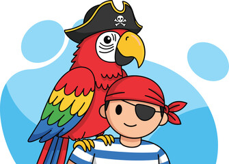 Cartoon pirate character with parrot, red bandana, eye patch, striped shirt, pirate hat, colorful bird, vector illustration for children, adventure