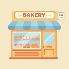 Illustrated bakery storefront with breads and a saturday sign suitable for bakery websites, social media posts, and foodrelated designs.