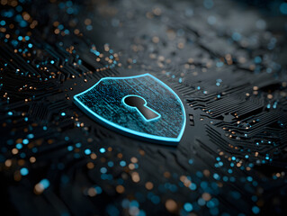 Padlock shield digital background with blue glowing ircuitry. Ideal for cyberscurity concepts, technolog themes, and digital protetion designs.