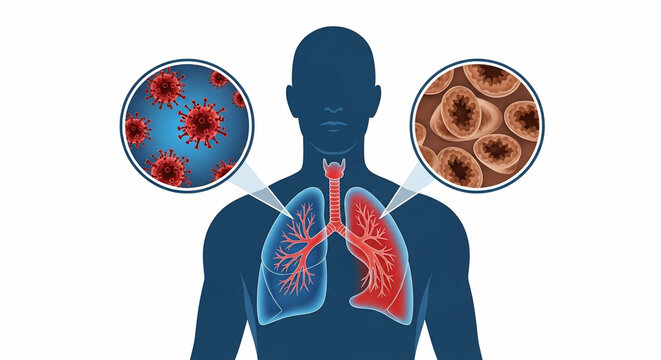Silhouette of person with lungs showing virus and infected cells on a white background