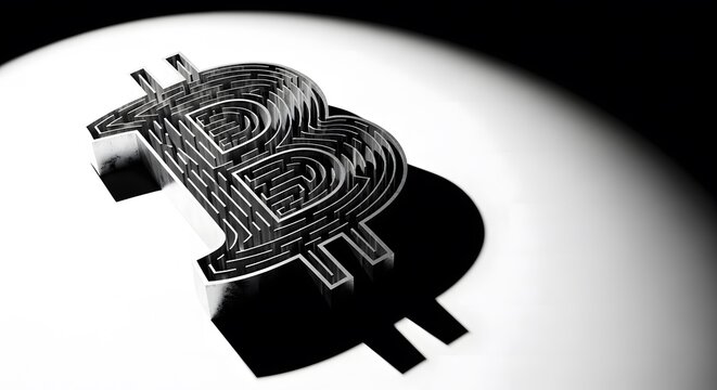 A 3d render of a stylized bitcoin symbol with intricate circuit board details, casting a shadow on a white background, symbolizing cryptocurrency and digital finance