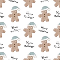 holiday seamless pattern with cartoon gingerbread man, decor elements. Merry Christmas. Colorful illustration, flat style. hand drawing. design for fabric, print, wrapper