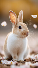 Fototapeta premium Cute bunny amidst gentle flower petals in soft breeze
