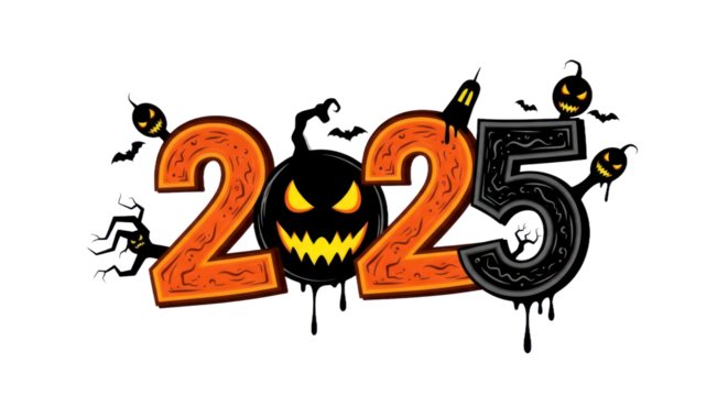 Spooky Halloween 2025 Design with Jack-o'-Lanterns, Bats, and Creepy Elements. isolated on transparent background. PNG Isolated Transparent