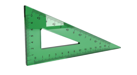 Detailed Green Transparent Set Ruler with Metric Scale and Angle Markings for Geometry, Drafting, and Educational Use. isolated on transparent background. PNG Cut Out Transparent