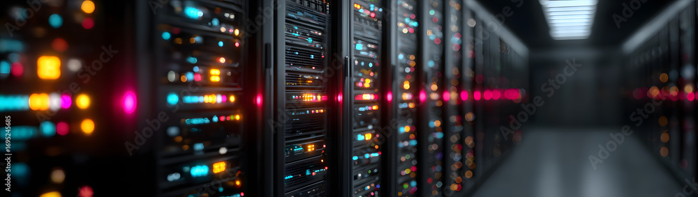 Poster close up on server rack leds in a dark data center dta flow
