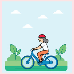 Illustration of a woman cycling with a red helmet in a green and modern urban area, giving the impression of being healthy, active and environmentally friendly.