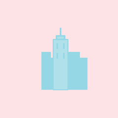 This illustration of a tall, blue building with a simple design on a pink background gives a modern, minimalist, and urban feel.
