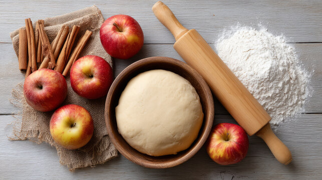 Autumn apple pie preparation with fresh ingredients and rustic elements