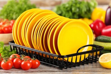 Colorful stack of yellow plates ready for a fresh meal with vegetables and herbs on the table