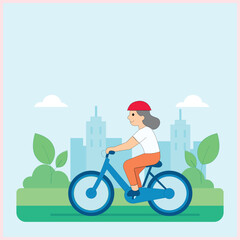Illustration of a woman cycling with a red helmet in a green and modern urban area, giving the impression of being healthy, active and environmentally friendly.