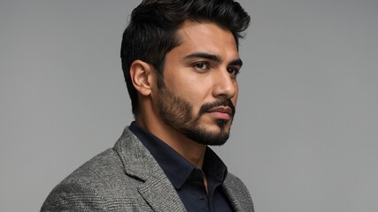 Fototapeta premium Handsome Hispanic man in plain gray background, side view looking on the right