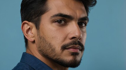 Naklejka premium Handsome Hispanic man in plain blue background, side view looking on the right