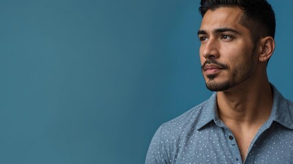 Obraz premium Handsome Hispanic man in plain blue background, side view looking on the right