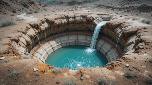 A sinkhole in the ground at the site of a shell crater with effluent runoff, bell mouth