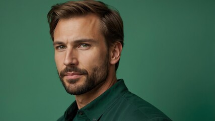 Fototapeta premium Handsome Caucasian man in plain green background, side view looking on the right