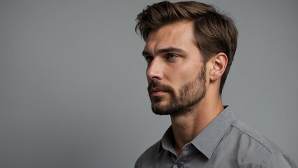 Obraz premium Handsome Caucasian man in plain gray background, side view looking on the right