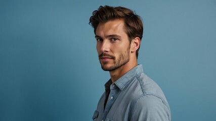 Obraz premium Handsome Caucasian man in plain blue background, side view looking on the right