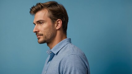 Obraz premium Handsome Caucasian man in plain blue background, side view looking on the right