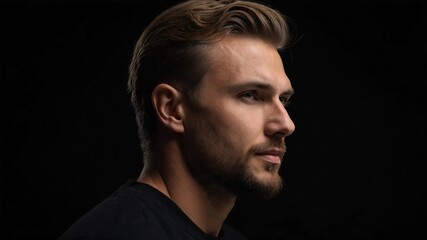 Obraz premium Handsome Caucasian man in plain black background, side view looking on the right
