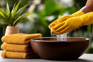 Cleaning activity in a serene environment with yellow gloves and towels near a bowl of water