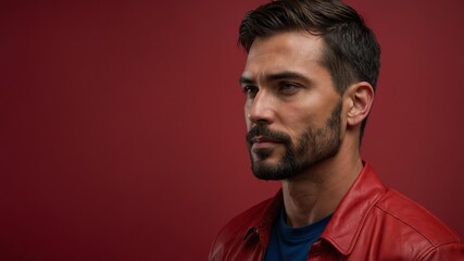 Obraz premium Handsome American man in plain red background, side view looking on the right