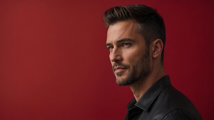 Fototapeta premium Handsome American man in plain red background, side view looking on the right