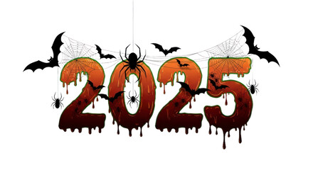 Halloween 2025 Spooky Text Design with Dripping Liquid, Spiders, Bats, and Spiderwebs for Holiday Celebrations and Graphic Art. isolated on transparent background. PNG Transparent Background