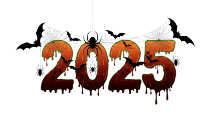 Halloween 2025 Spooky Text Design with Dripping Liquid, Spiders, Bats, and Spiderwebs for Holiday Celebrations and Graphic Art. isolated on transparent background. PNG Transparent Background